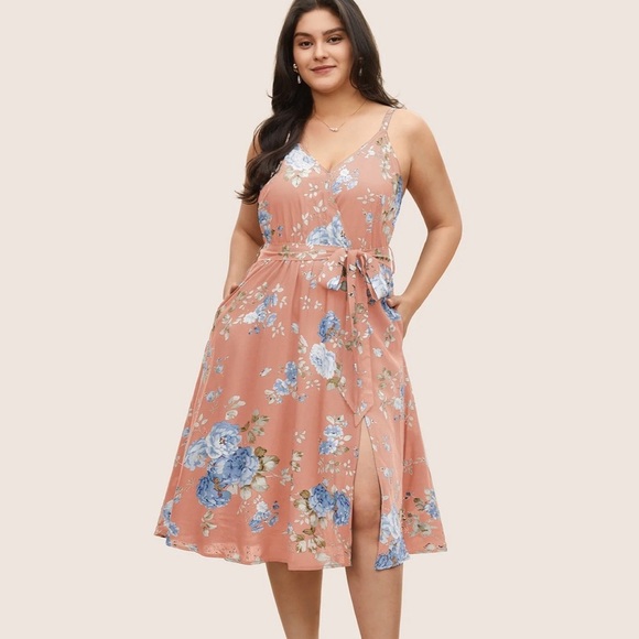 BloomChic Floral Wrap Elastic Waist Belted Sleeveless Dress - Picture 3 of 4